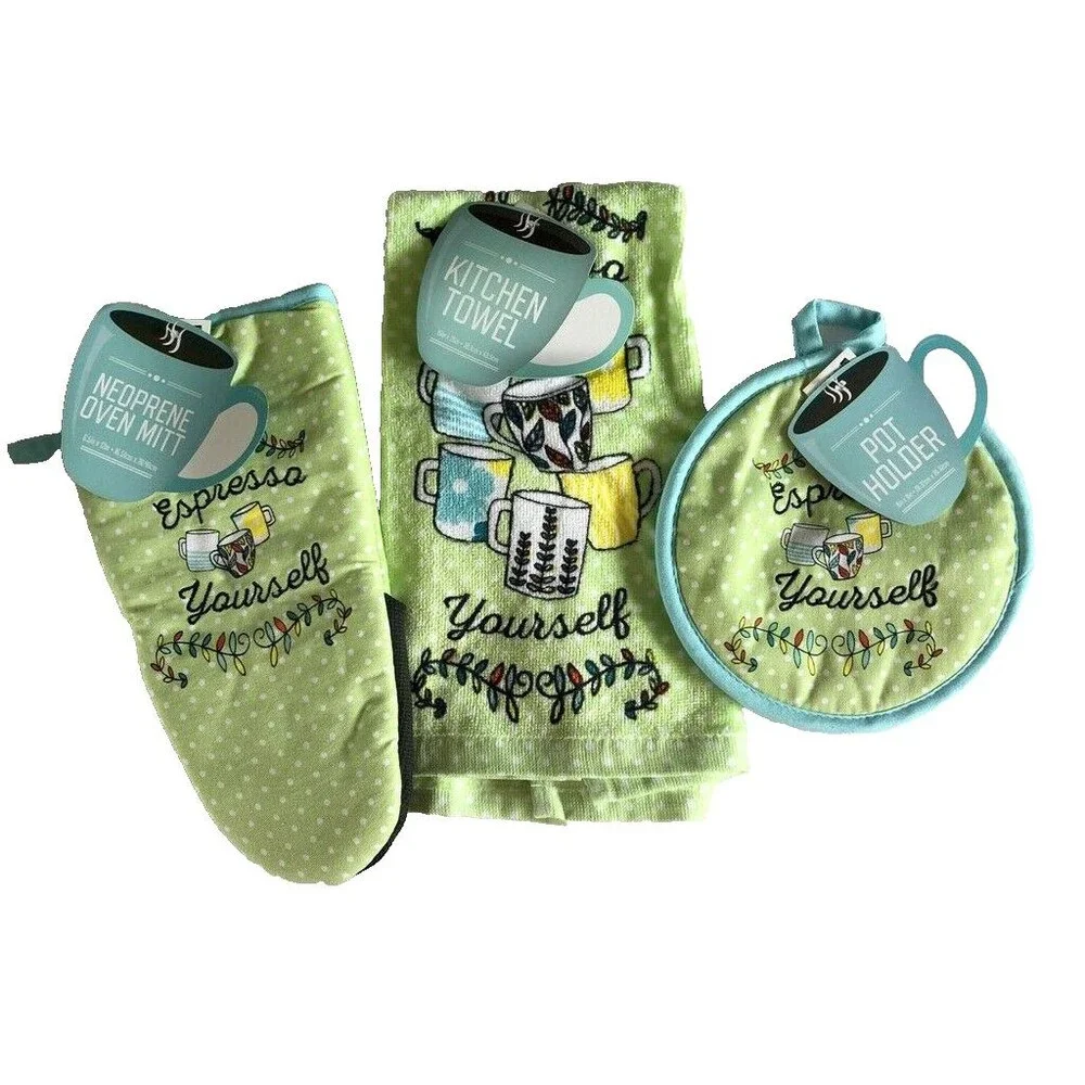 Expresso Yourself Coffee Themed Set of 3 Dish Towel Potholder Oven Mitt Lime